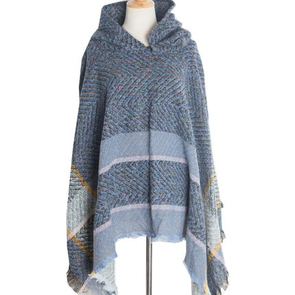 Shawl Knitted Poncho Pullover - Fishbone Pattern Hooded Shawl Irregular Tassel Winter Pullover Shawl