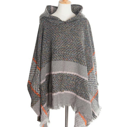 Shawl Knitted Poncho Pullover - Fishbone Pattern Hooded Shawl Irregular Tassel Winter Pullover Shawl
