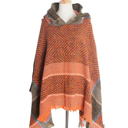 Shawl Knitted Poncho Pullover - Fishbone Pattern Hooded Shawl Irregular Tassel Winter Pullover Shawl