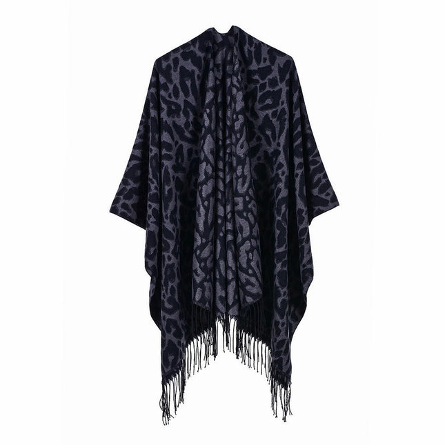 Women's Warm Lapel Leopard Oversized Blanket Cardigan Fashionable and Elegant Faux Wool Tassel Scarf Jacket