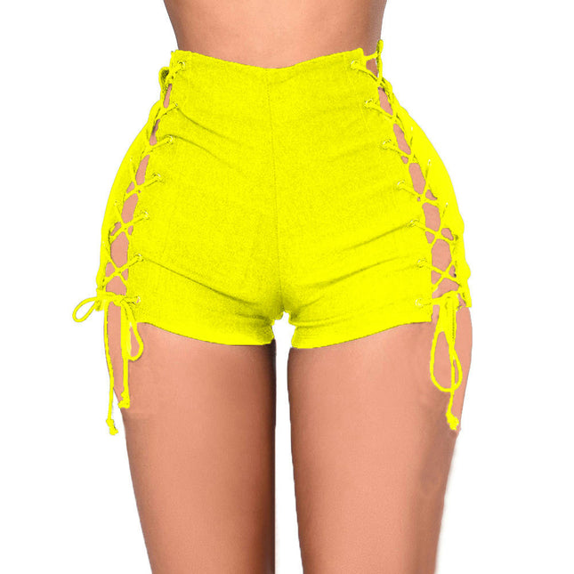 Women's Denim Shorts Mid Side Straps Lace Up Mini Hot Pants