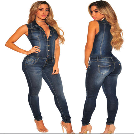 Denim Jumpsuit for Women Slim Fit Button Jean Pants Rompers