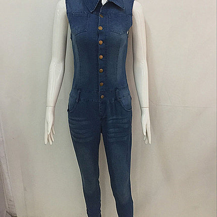 Denim Jumpsuit for Women Slim Fit Button Jean Pants Rompers