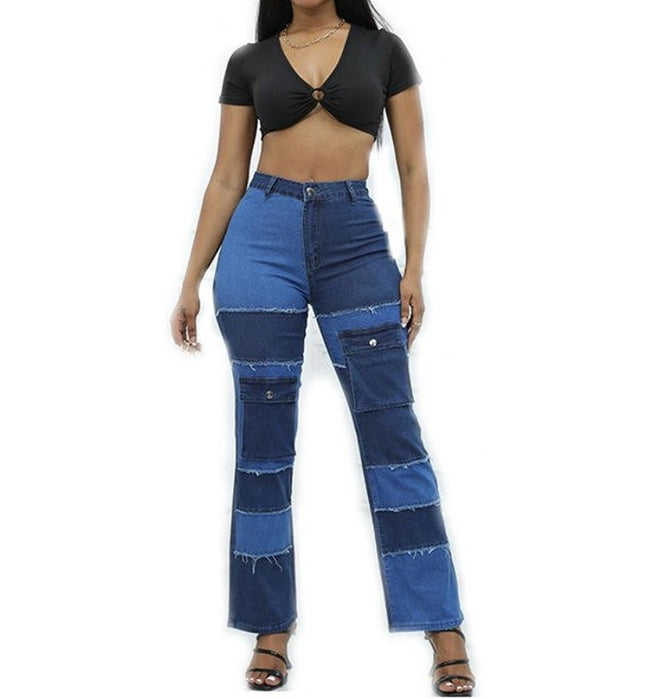Color Block Jeans for Women High Waisted Straight Leg Stretch Patchwork Denim Pants