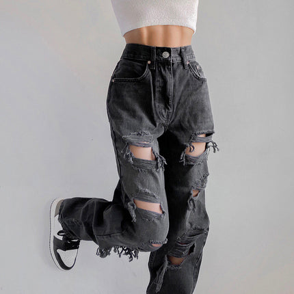 Women's Casual Loose Ripped Denim Pants Distressed Wide Leg Jeans