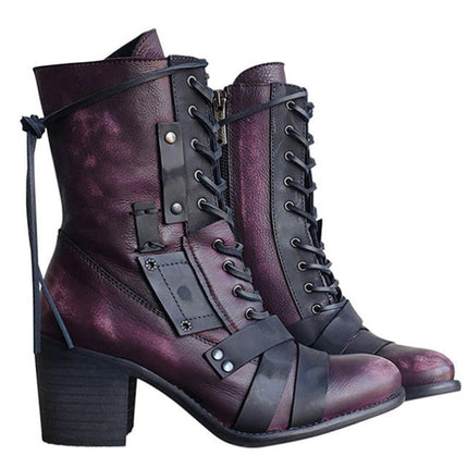 Women's Boot Heels Pointed Toe Lace UP High Heels Mid Calf Boots