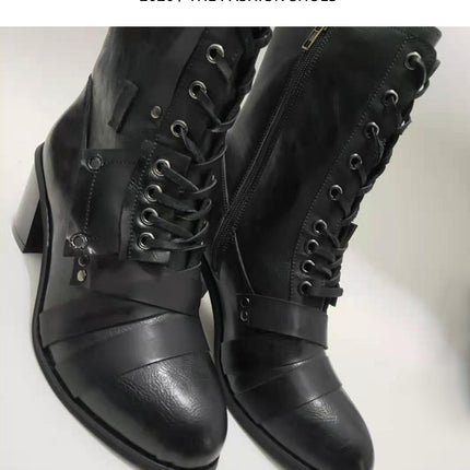 Women's Boot Heels Pointed Toe Lace UP High Heels Mid Calf Boots
