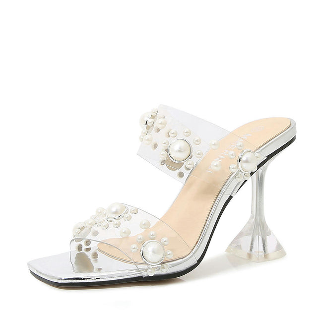 Women's Clear Heeled Sandals Square Toe Transparent Stiletto Open Toe Slip on Sandals