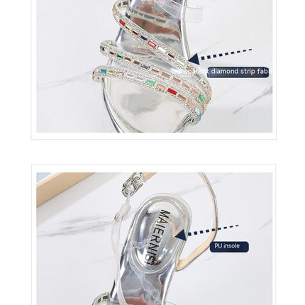 Women's Clear Heels Open Toe Platform Stiletto Ankle Strap Rhinestone Sandals