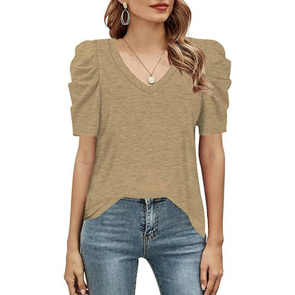 Women's Tops Casual Summer V Neck Puff Short Sleeve T Shirts Tunic Tops Loose Blouses