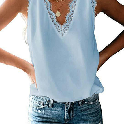 Women's Lace V Neck Tunic Tank Tops Casual Sleeveless Shirt Blouse