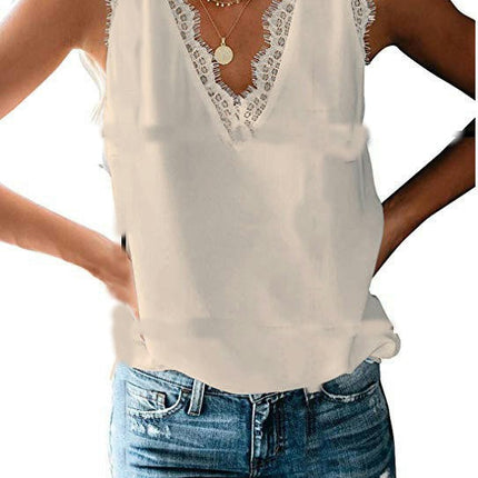 Women's Lace V Neck Tunic Tank Tops Casual Sleeveless Shirt Blouse