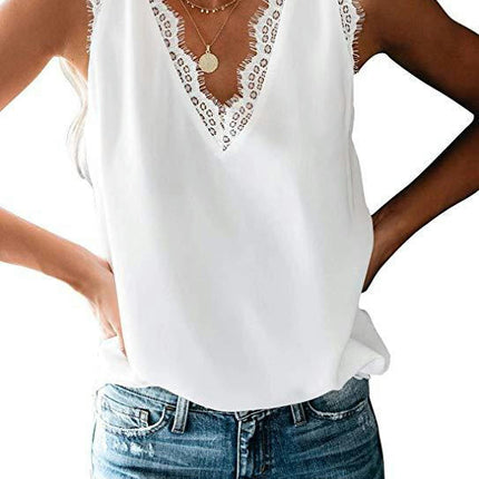 Women's Lace V Neck Tunic Tank Tops Casual Sleeveless Shirt Blouse