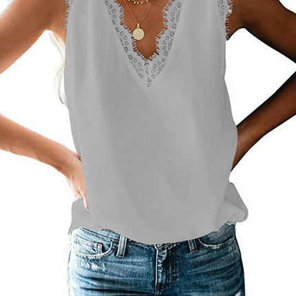 Women's Lace V Neck Tunic Tank Tops Casual Sleeveless Shirt Blouse