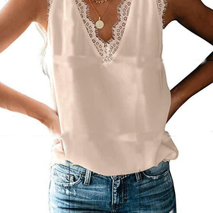 Women's Lace V Neck Tunic Tank Tops Casual Sleeveless Shirt Blouse