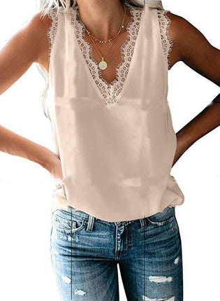 Women's Lace V Neck Tunic Tank Tops Casual Sleeveless Shirt Blouse