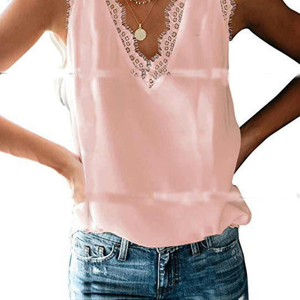 Women's Lace V Neck Tunic Tank Tops Casual Sleeveless Shirt Blouse