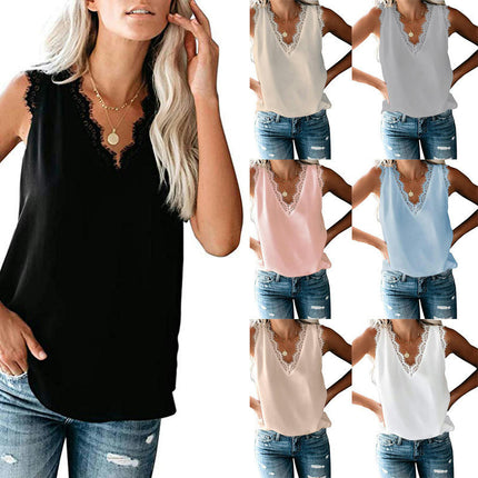 Women's Lace V Neck Tunic Tank Tops Casual Sleeveless Shirt Blouse