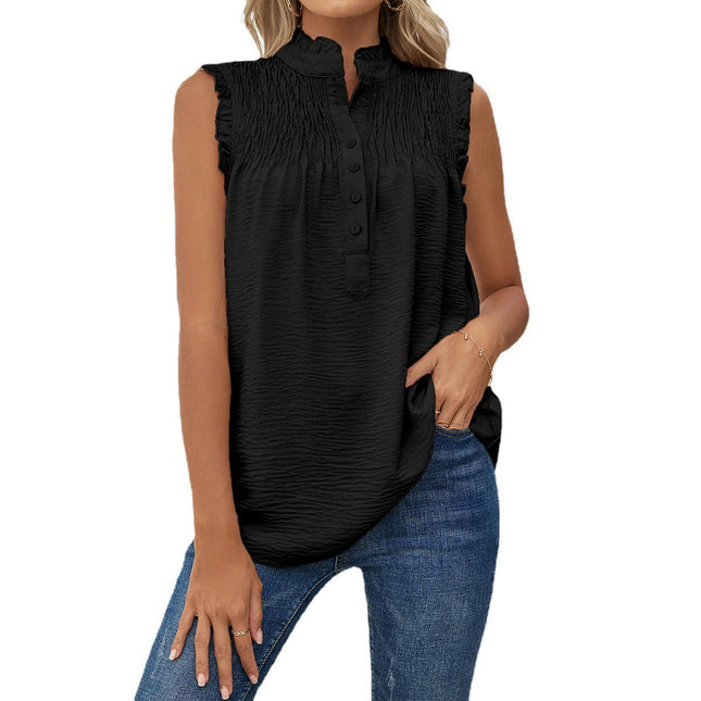 Women's Summer Tank Tops Smocked Mock Neck Buttons Ruffle Tunic Blouses Sleeveless Shirts