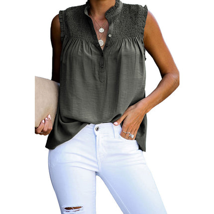 Women's Summer Tank Tops Smocked Mock Neck Buttons Ruffle Tunic Blouses Sleeveless Shirts