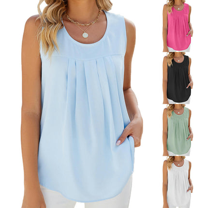 Women's Summer Tank Tops Sleeveless Chiffon Blouse Loose Round Neck Casual Shirts