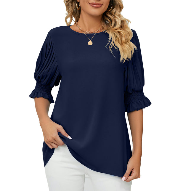 Women's Round Neck Pleated Puff Sleeve Blouse Summer Casual Chiffon Top