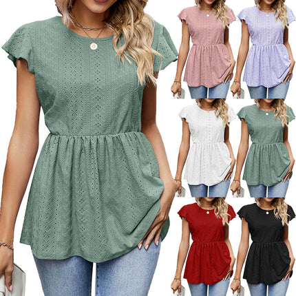 Women's Summer Tops Crewneck Eyelet Ruffle Sleeve Blouses Casual Babydoll Shirts