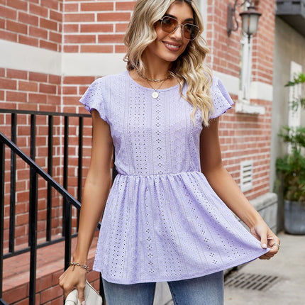 Women's Summer Tops Crewneck Eyelet Ruffle Sleeve Blouses Casual Babydoll Shirts