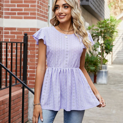 Women's Summer Tops Crewneck Eyelet Ruffle Sleeve Blouses Casual Babydoll Shirts