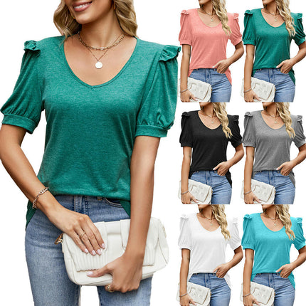 Women Casual V-Neck T-Shirts Loose Puff Short Sleeve Tops Tunic Blouses