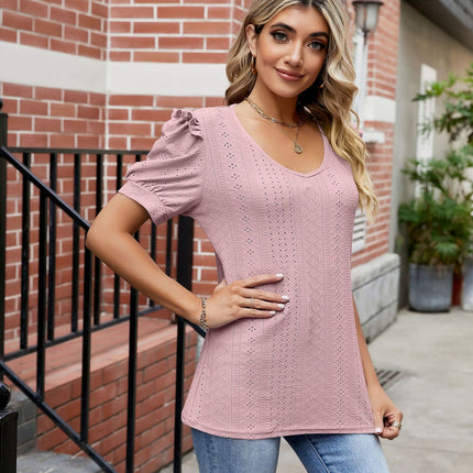Women Casual V-Neck T-Shirts Eyelet Loose Puff Short Sleeve Tops Tunic Blouses
