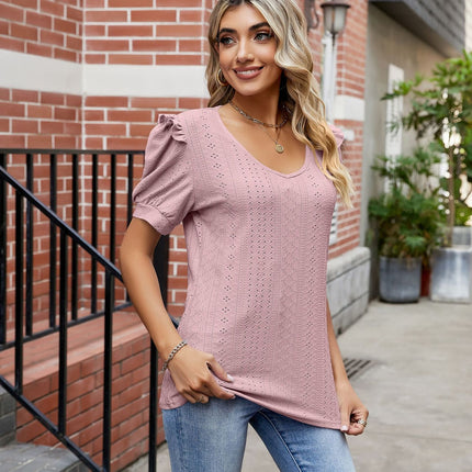 Women Casual V-Neck T-Shirts Eyelet Loose Puff Short Sleeve Tops Tunic Blouses