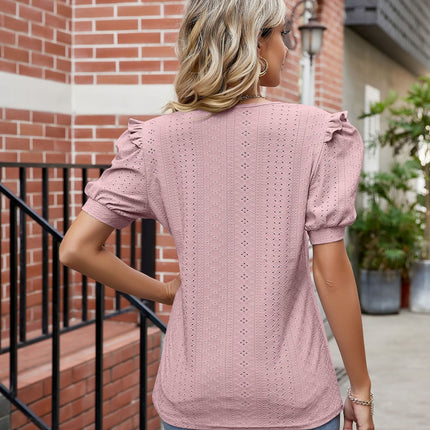 Women Casual V-Neck T-Shirts Eyelet Loose Puff Short Sleeve Tops Tunic Blouses