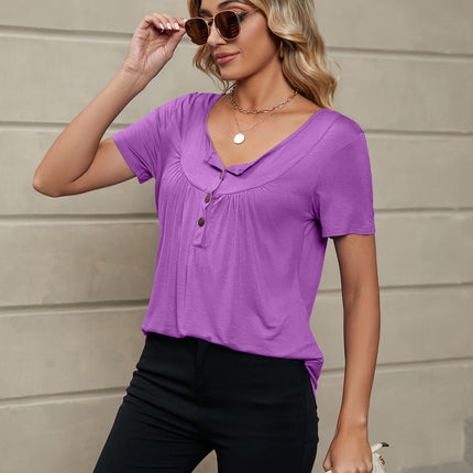 Women's V-Neck Button-Down T-Shirts Short Sleeve Tops Loose Summer Shirt