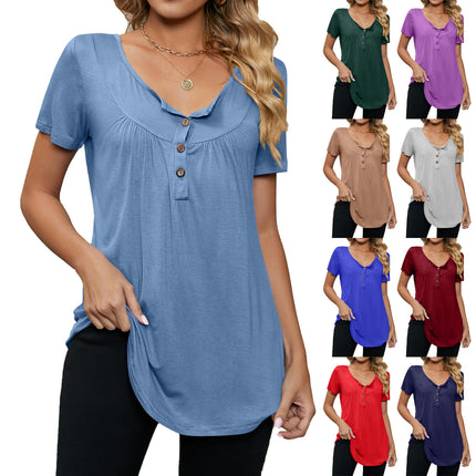 Women's V-Neck Button-Down T-Shirts Short Sleeve Tops Loose Summer Shirt
