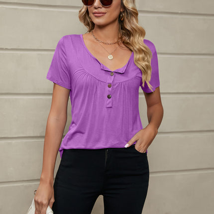 Women's V-Neck Button-Down T-Shirts Short Sleeve Tops Loose Summer Shirt