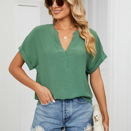 Women's V-Neck Chiffon T-Shirts Short Sleeve Tops Loose Summer Shirt