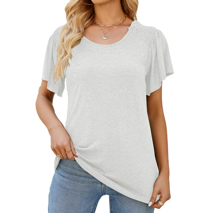 Women's Casual Round Neck Top Pleated Puff Short Sleeve Blouses