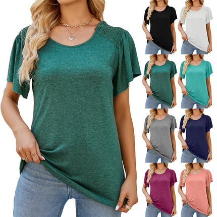 Women's Casual Round Neck Top Pleated Puff Short Sleeve Blouses