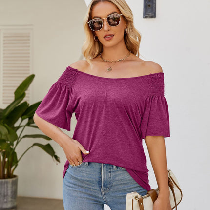 Women's Casual Round Neck Top Pleated Puff Short Sleeve Blouses