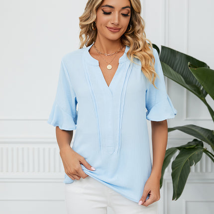 Blouses for Women Ruffle Short Sleeve Loose Tops V Neck Summer Casual Blouse Shirts