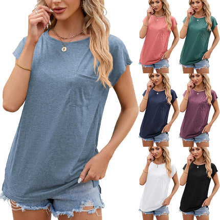 Women Summer T Shirts Short Sleeve Round Neck Pocket Tee Tops
