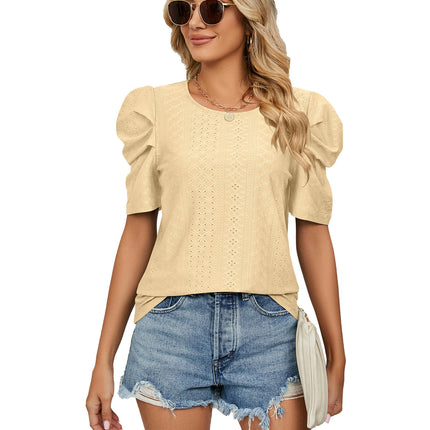 Women's Puff Short Sleeve Loose Crew Neck Eyelet Shirts Tops