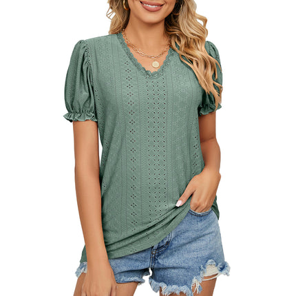 Women's Summer Puff Short Sleeve Lace V Neck T-Shirts Eyelet Casual Tops Tunic Blouses