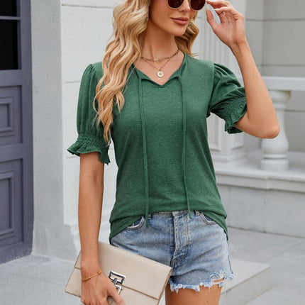 Women's Tops V Neck Summer Puff Sleeve Tshirts Casual Blouse