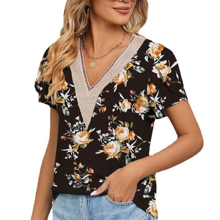 Women's Short Sleeve Lace V Neck Shirts Floral Print Tunic Tops Blouses