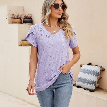 Women's Petal Short Sleeve Shirts V Neck T Shirt Loose Fit Tops