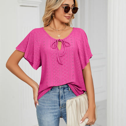 Women's Tops Summer Ruffle Sleeve Tops V Neck Eyelet Tshirts Casual Blouse Model C