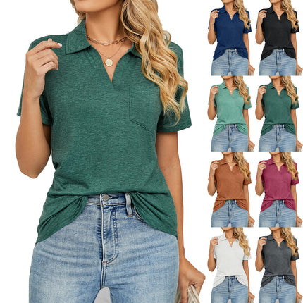 Women's V Neck Polo Shirts Short Sleeve Collared Tops Loose Tunic Blouses with Pocket