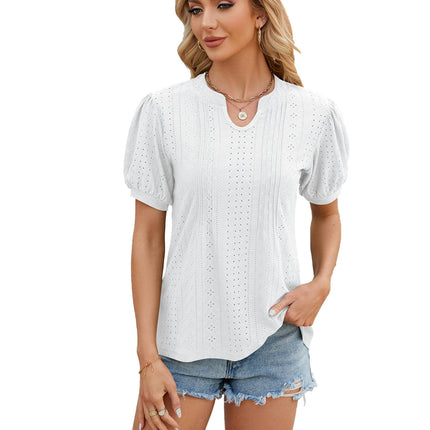 Women's Casual Summer V-Neck T-Shirts Puff Short Sleeve Tops Tunic Blouses